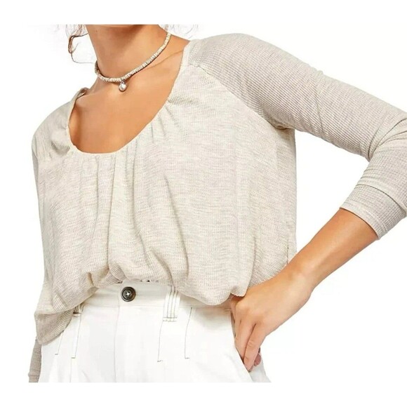 We The Free Bondi Top Womens XL Thermal Cropped Oatmeal Waffle Knit Crop Boho - Picture 5 of 8